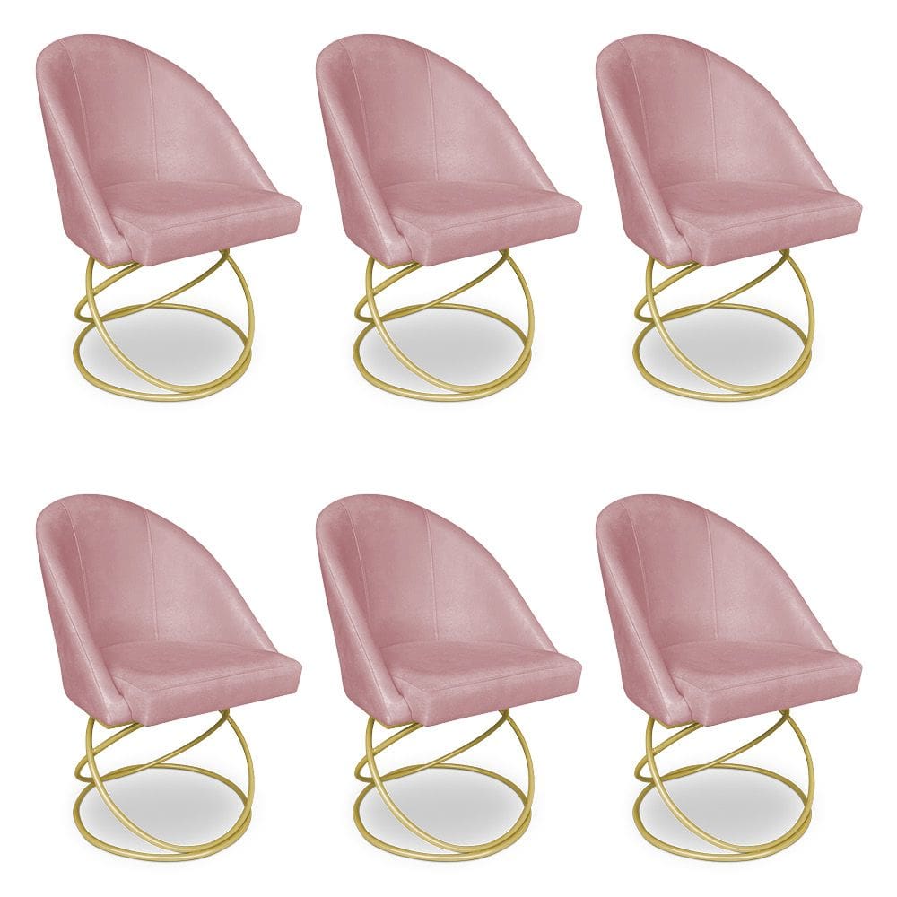 Kit 06 Cadeiras Poltrona de Jantar Bela Veludo Base Metálica Luxo Dourado - Pallazio