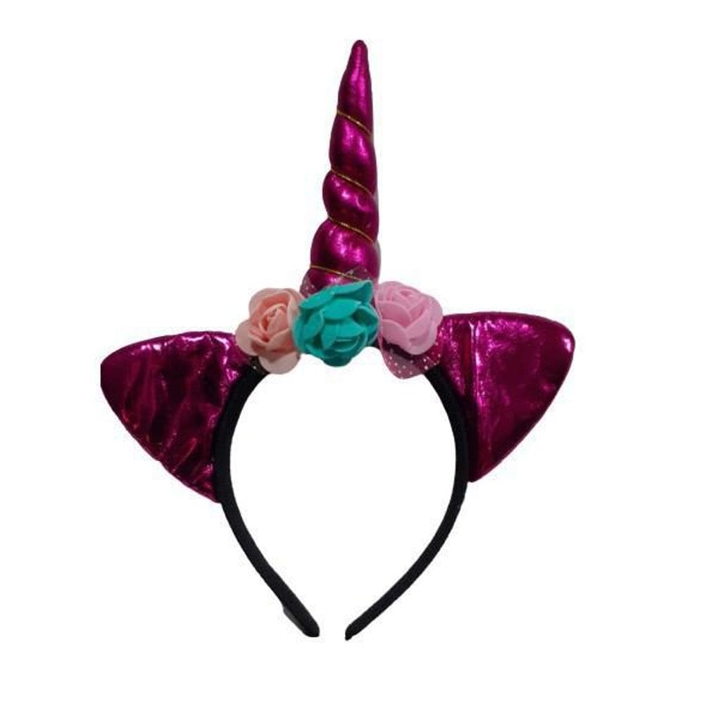 Arco Tiara De Unicórnio Infantil Metalizado 3 Flores Rosa
