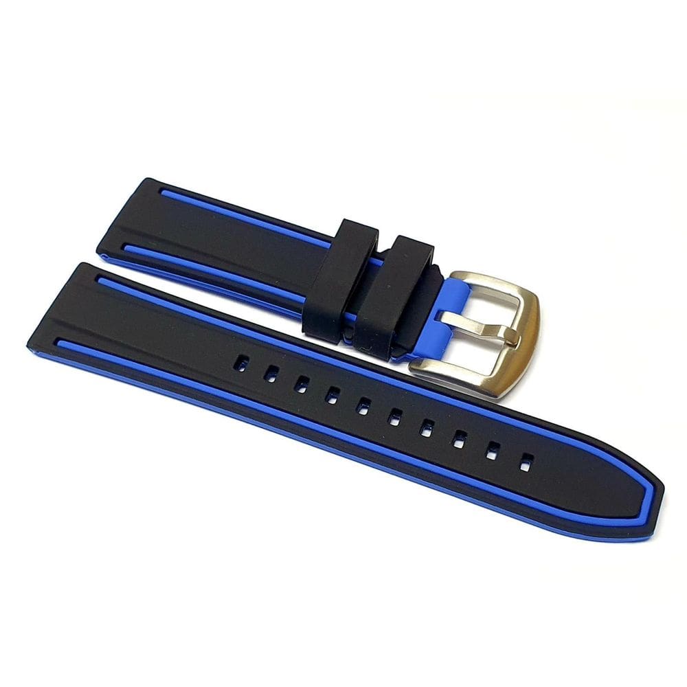 Pulseira Para Relógio De Pulso Borracha 22Mm Preta Com Azul
