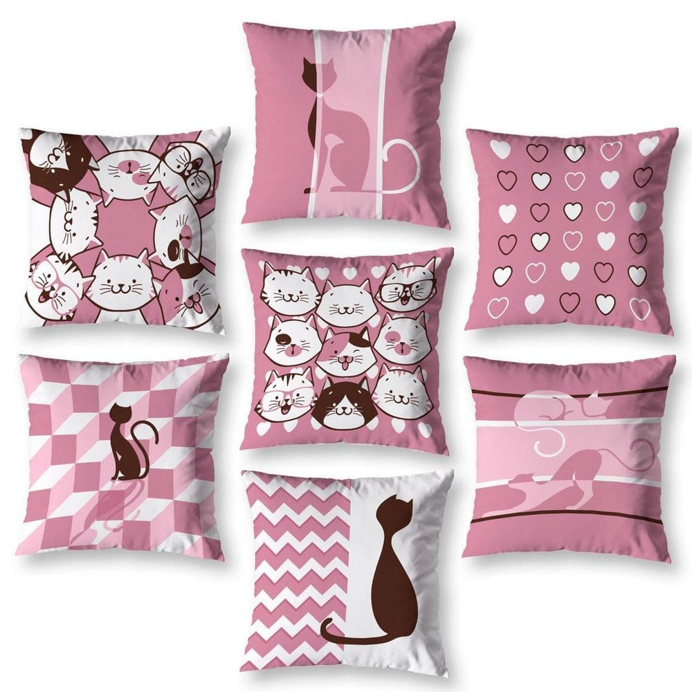 Kit 7 Capas De Almofada 40Cm X 40Cm Estampadas Gatos