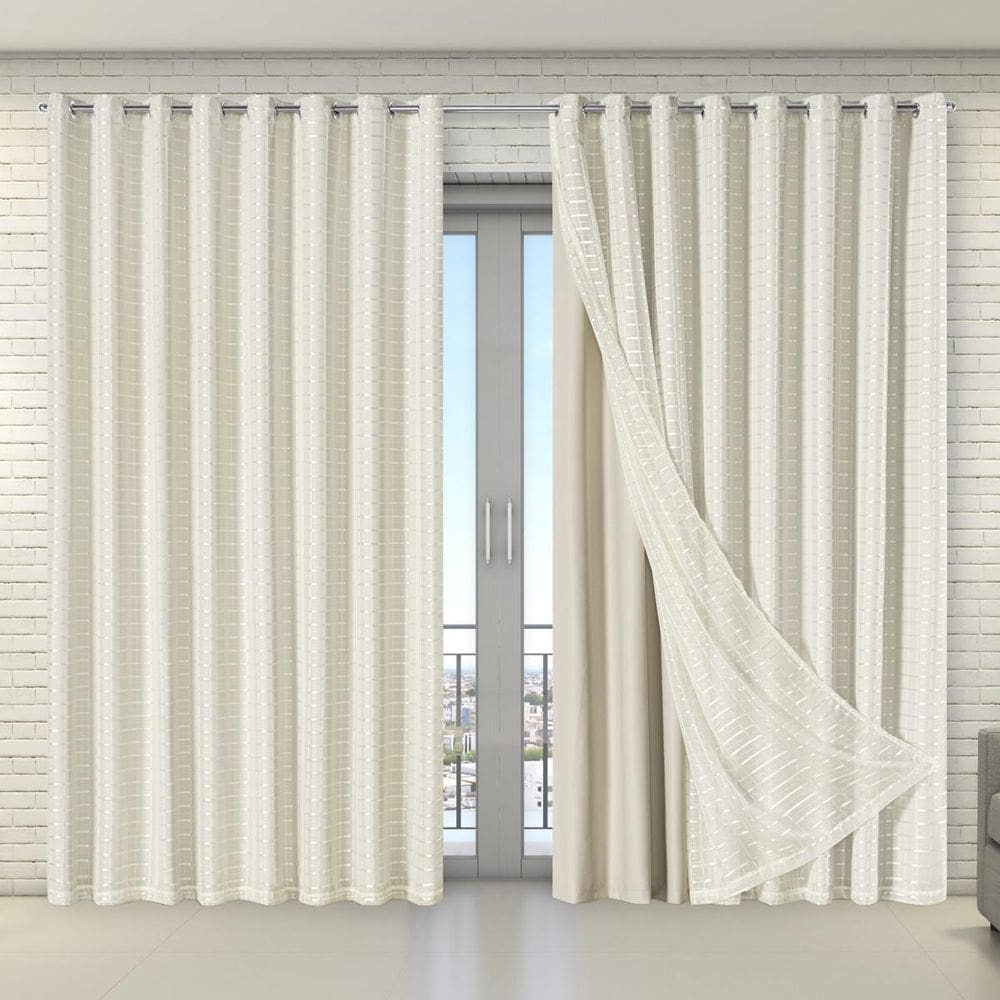Cortina Tecido Blecaute Com Voil Xadrez 2,70M X 2,30M Bege