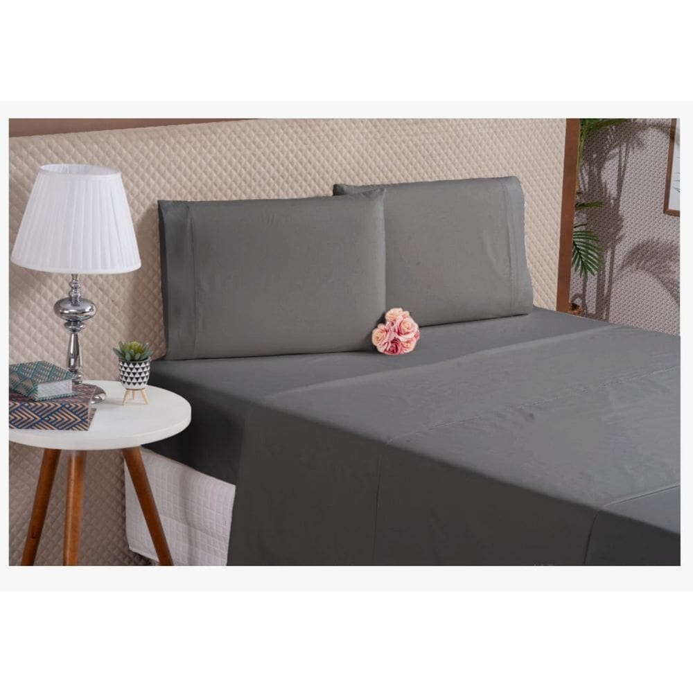 Lençol 4 Peças Algodão Casal King Cinza Percal 180 Fios