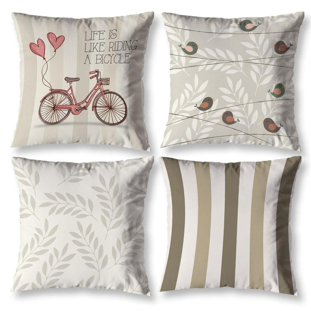 4 Almofadas Cheias Sala 40Cm X 40Cm Estampadas Bike Cáqui