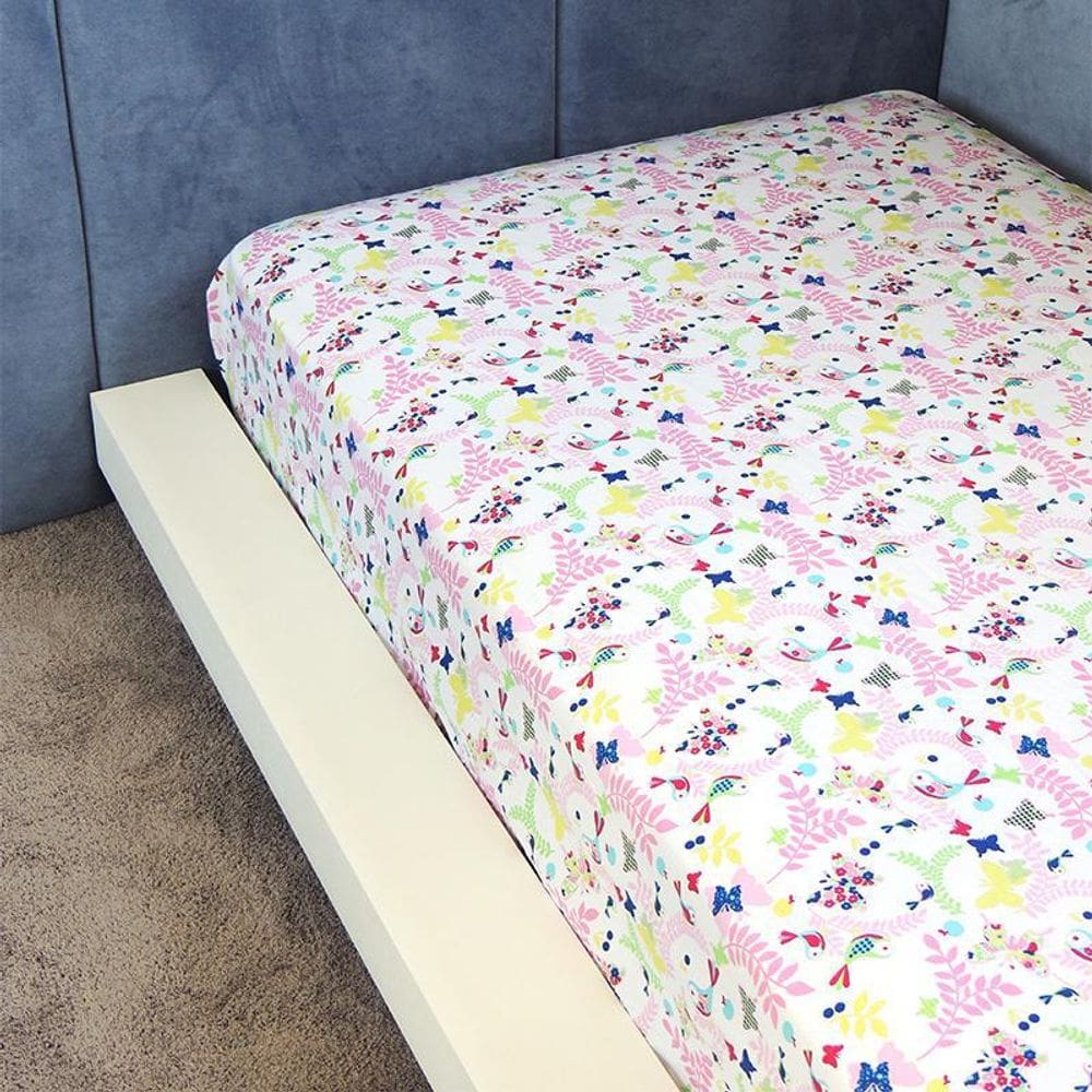 Lençol De Elástico Vivain Infantil Pássaro Rosa
