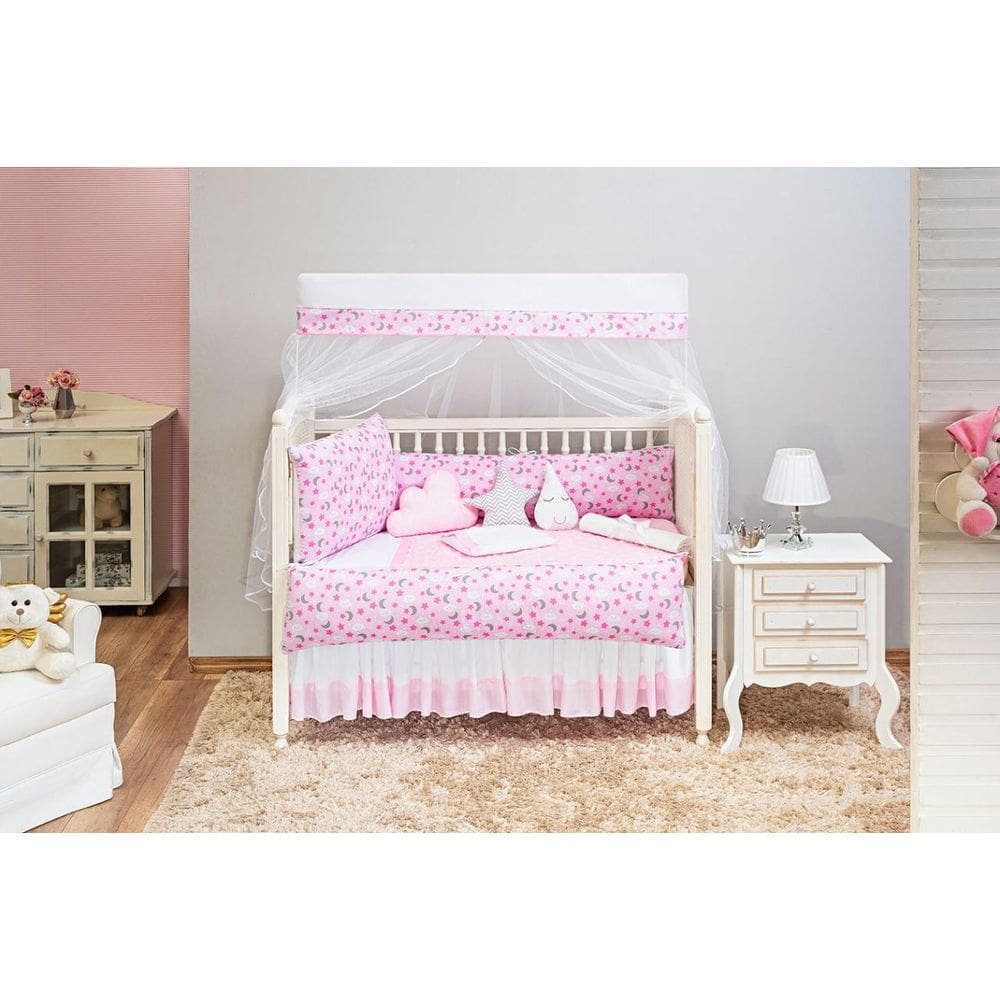 Jogo De Berço Para Menina Enxoval Estampado 13 Peças Rosa