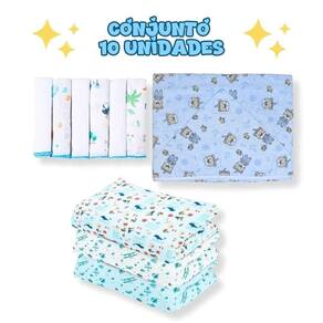 Kit 10Pçs Bebê Azul Cueiro G+ Pano De Boca + Toalha De Banho