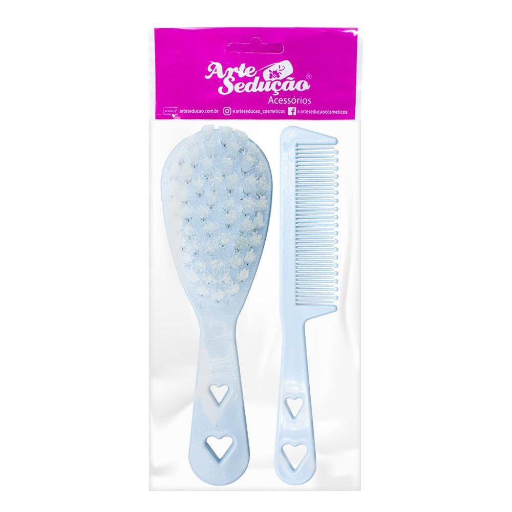 Kit 1 Pente E 1 Escova Infantil Cerdas Macias Para Bebê Azul