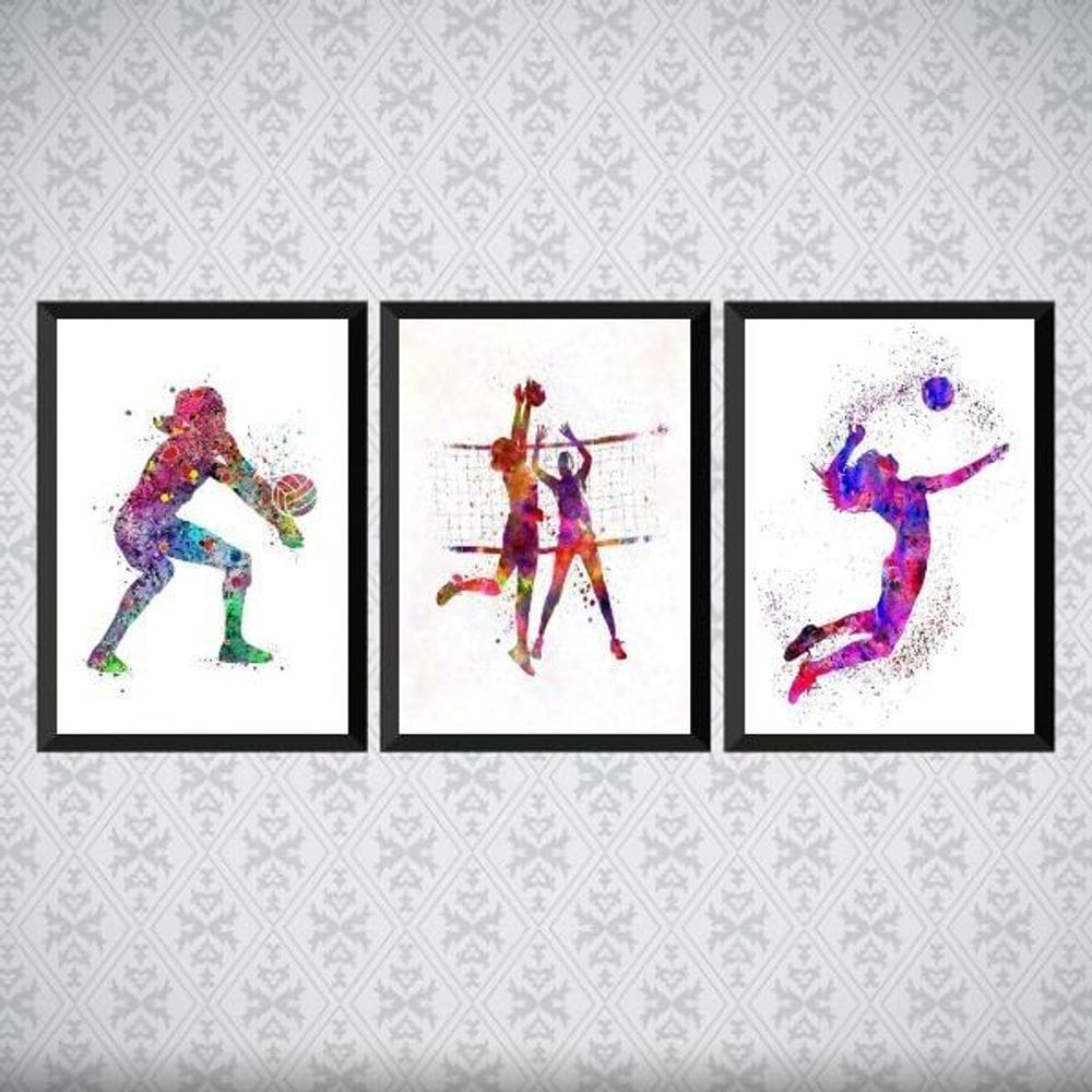Kit 3 Quadros Decorativos Volleyball 45X34Cm - Com Vidro