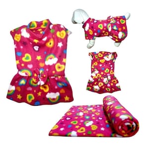 Kit Vestido E Manta Soft Para Cães - Rosa Colorido Eg