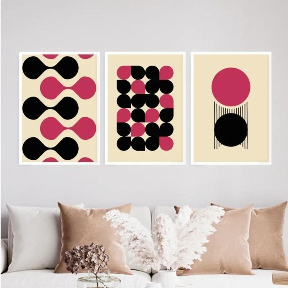 Kit 3 Quadros Bauhaus Abstrato Magenta 24X18Cm Vidro Branca
