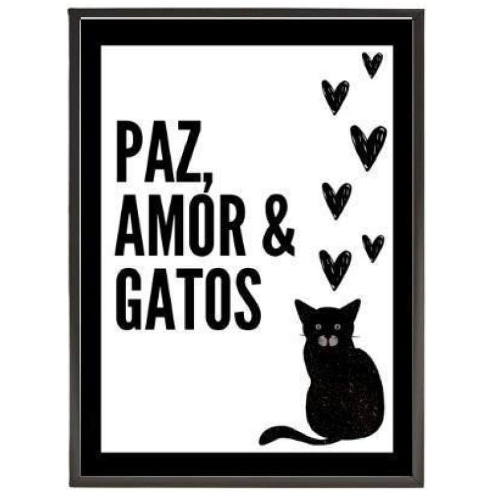 Quadro Decorativo Paz Amor E Gatos 45X34Cm - Madeira Preta
