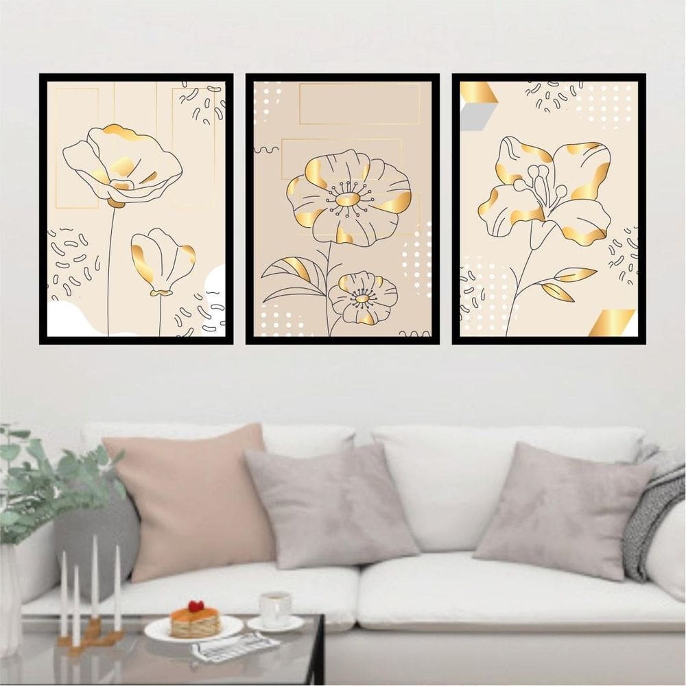 Kit 3 Quadros Abstrato Flor Rosa Dourada 33X24 Moldura Preta