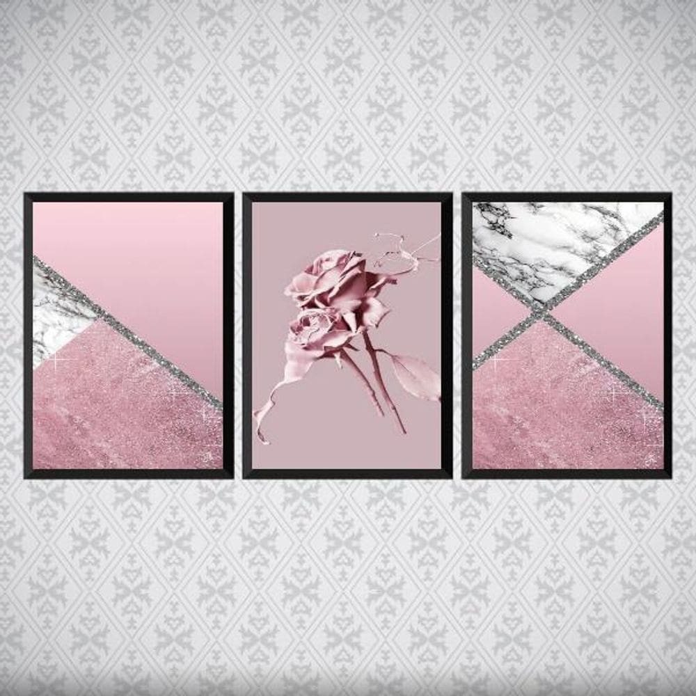 Kit 3 Quadros Flores Rosas Mármore 45X34Cm