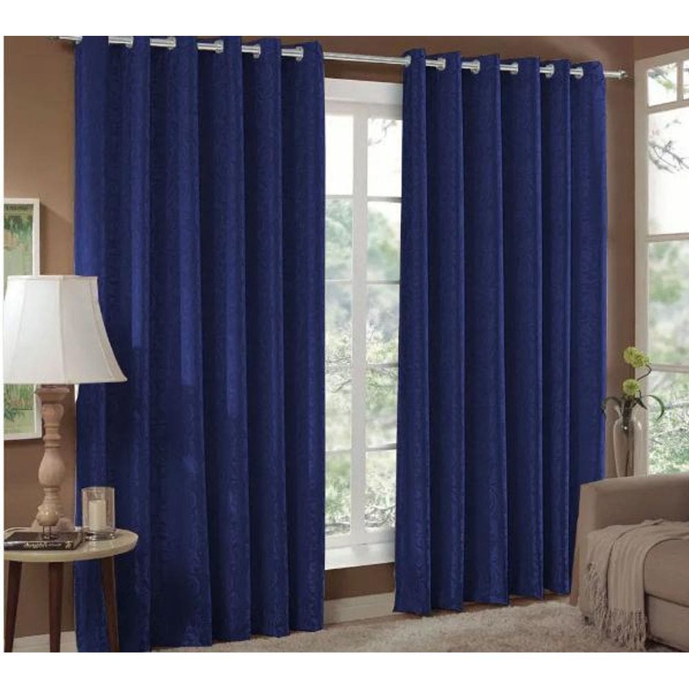 Cortina Jacquard Sala 2,40X1,70 Azul Ilhós Quadrado Cromado