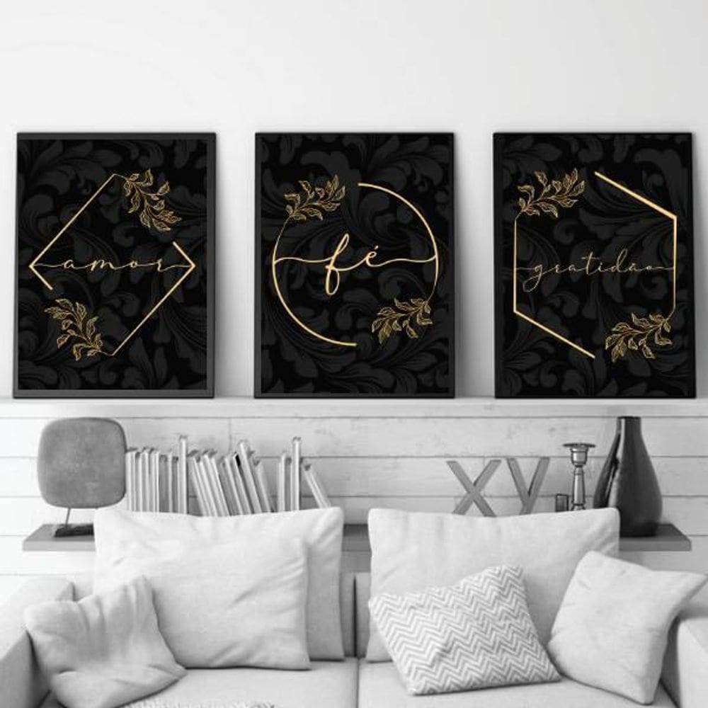 Kit 3 Quadros Fé, Amor E Gratidão 33X24 Com Vidro - Preta