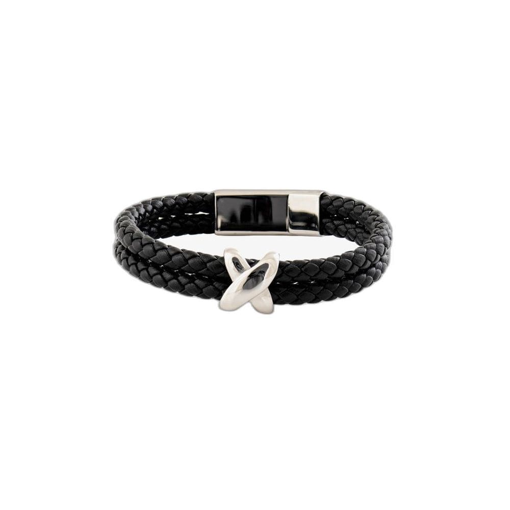 Pulseira Rosso Couro Preto Trançado Placa Aço