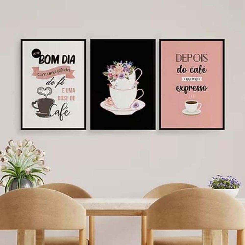 Kit 3 Quadros Decorativos Dose De Café E Fé 45X34Cm Preta