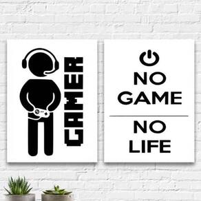 Kit 2 Quadros Decorativos Gamer Life 33X24Cm Moldura Branca