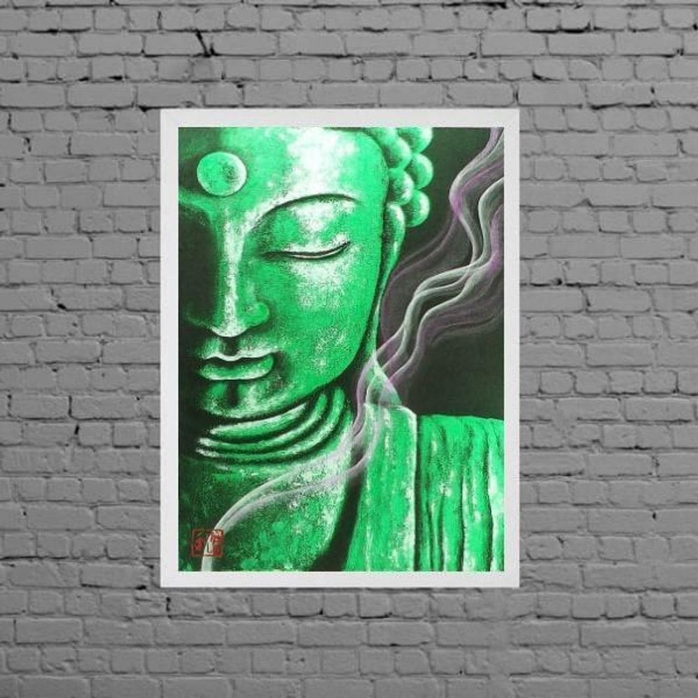 Quadro Decorativo Buda Verde 45X34Cm C/Vidro Madeira Branca
