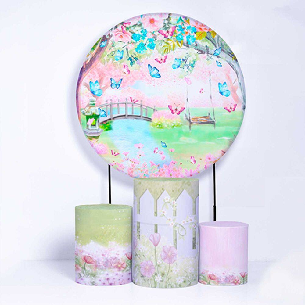 Kit Painel de Festa Redondo de 1,50m e Trio de Cilindros Jardim Encantado - Fera Print