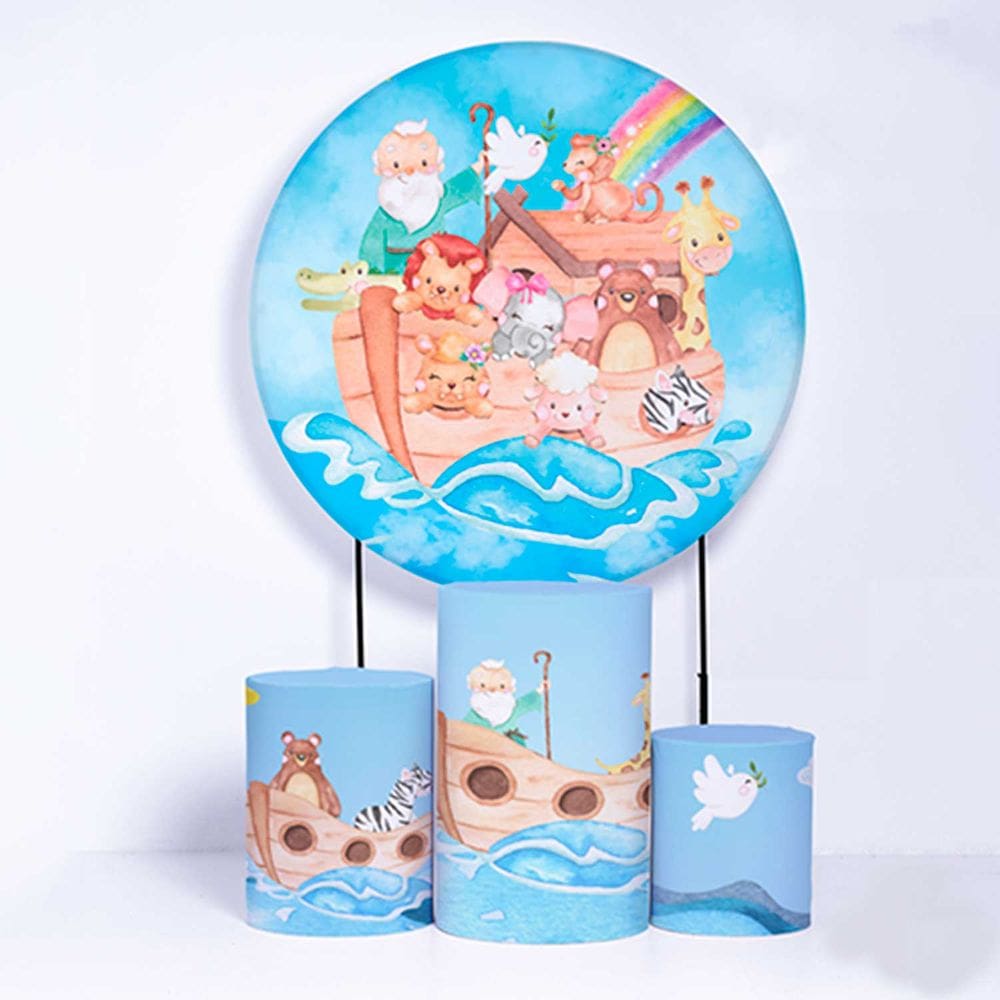 Kit Painel de Festa Redondo de 1,30m e Trio de Cilindros Arca de Noé - Fera Print