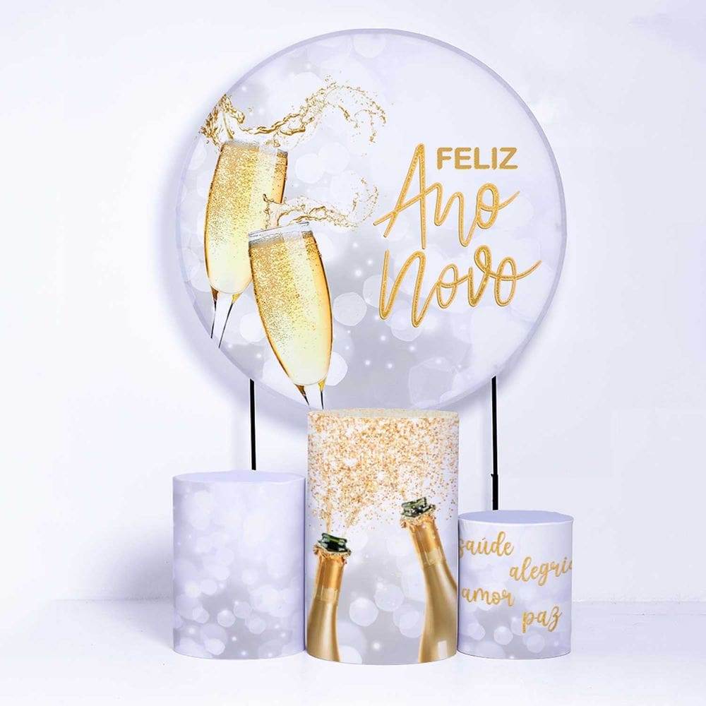 Kit Painel de Festa Redondo de 1,30m e Trio de Cilindros Ano Novo - Fera Print