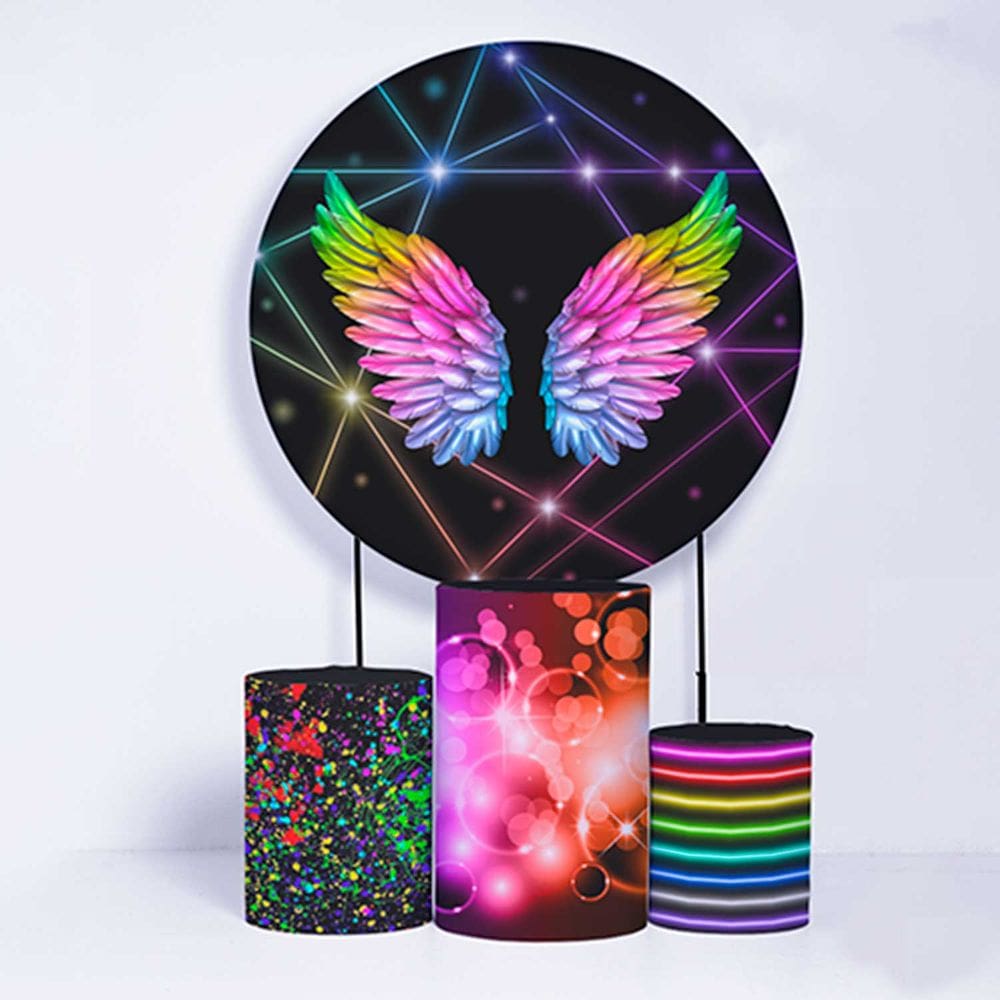Kit Painel de Festa Redondo de 1,30m e Trio de Cilindros Asas de Neon - Fera Print