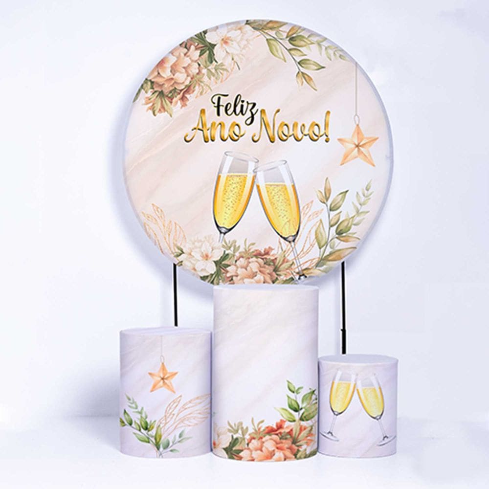 Kit Painel de Festa Redondo de 1,80m e Trio de Cilindros Ano Novo- Fera Print