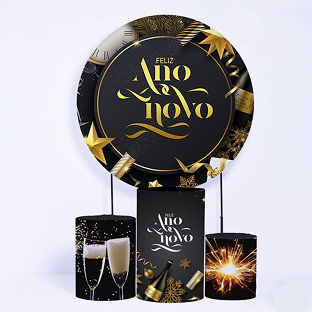 Kit Painel de Festa Redondo de 1,50m e Trio de Cilindros Ano Novo - Fera Print