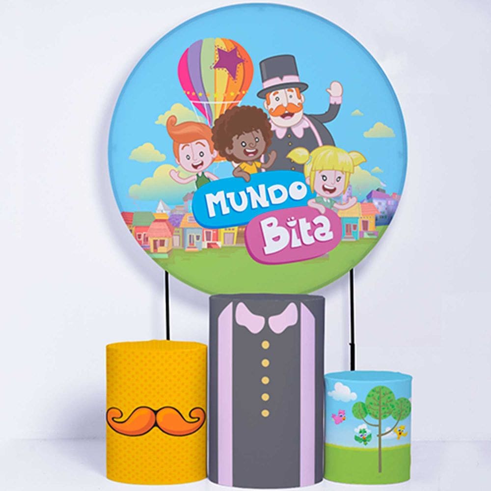 Kit Painel de Festa Redondo de 1,30m e Trio de Cilindros Mundo Bita - Fera Print