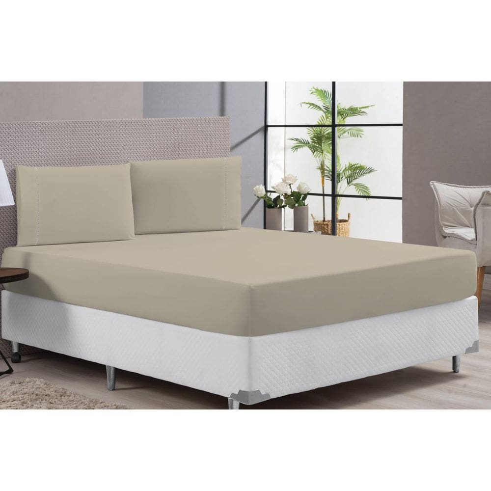 Lençol Cama Casal Padrão Hotel Clinica 400 Fios Cáqui
