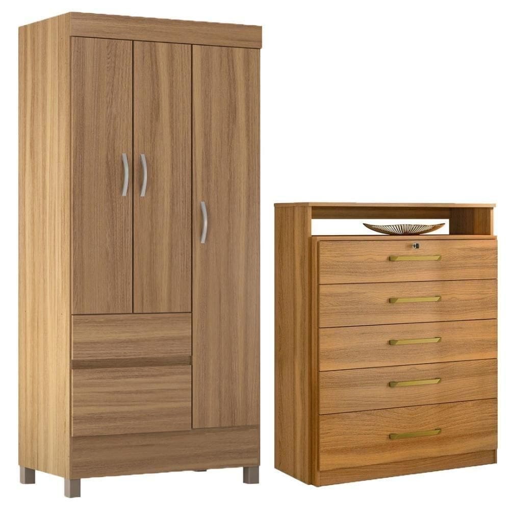 Kit Guarda Roupa Solteiro 3 Portas Wind Cômoda Triunfo Amêndola Touch