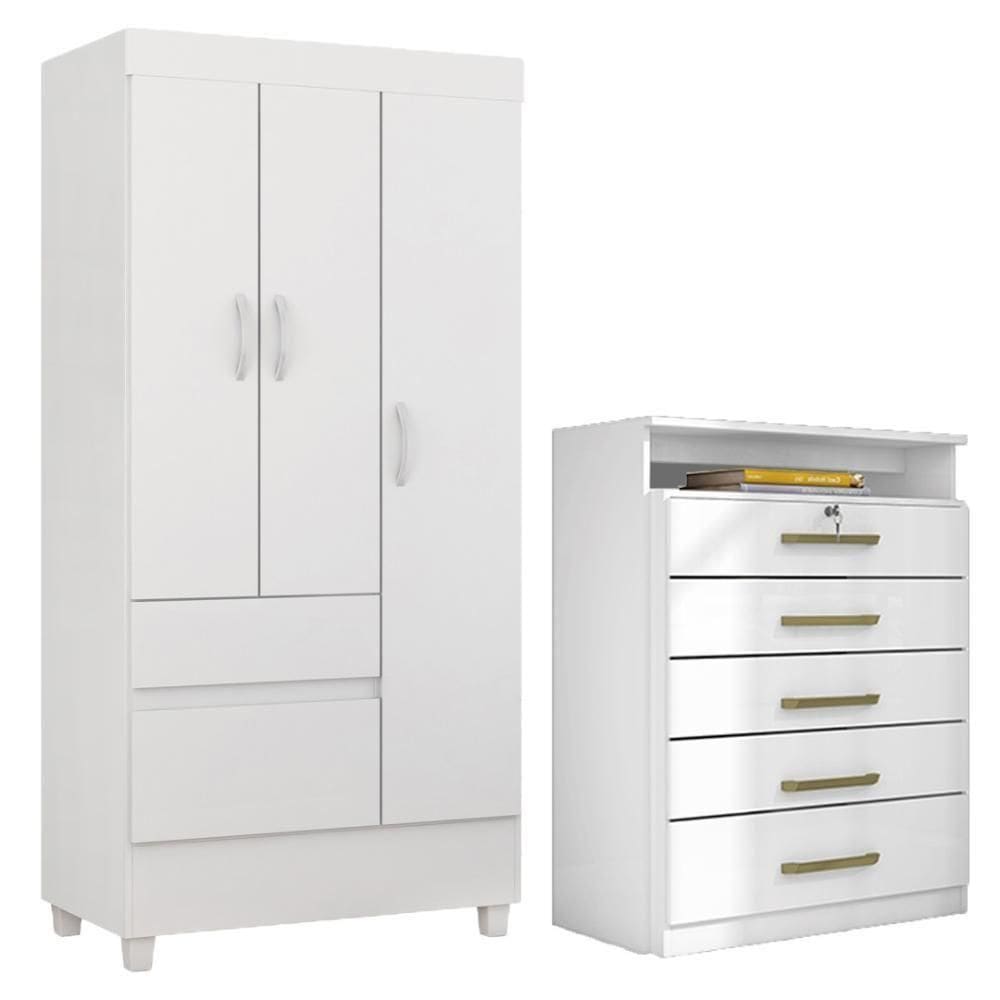 Kit Guarda Roupa Solteiro 3 Portas Wind Cômoda Triunfo Branco