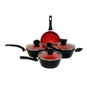 Conjunto Panelas Antiaderente Com Tampa De Vidro 04 Peças - Preto e Vermelho
