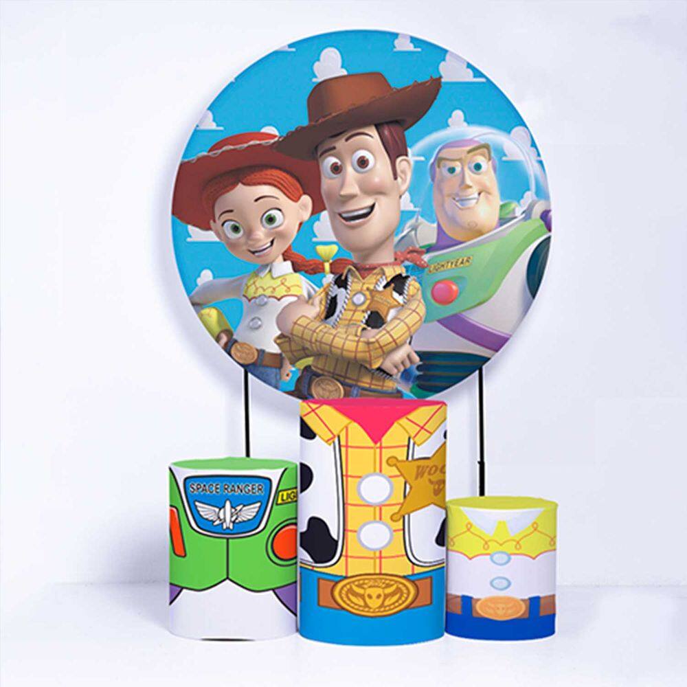 Kit Painel de Festa Redondo e Trio de Cilindros Toy Story - Fera Print