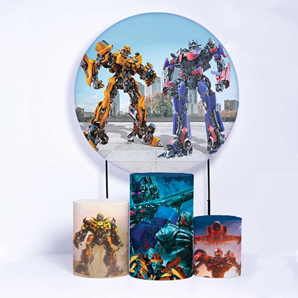 Kit Painel de Festa Redondo de 1,80m e Trio de Cilindros Transformers - Fera Print