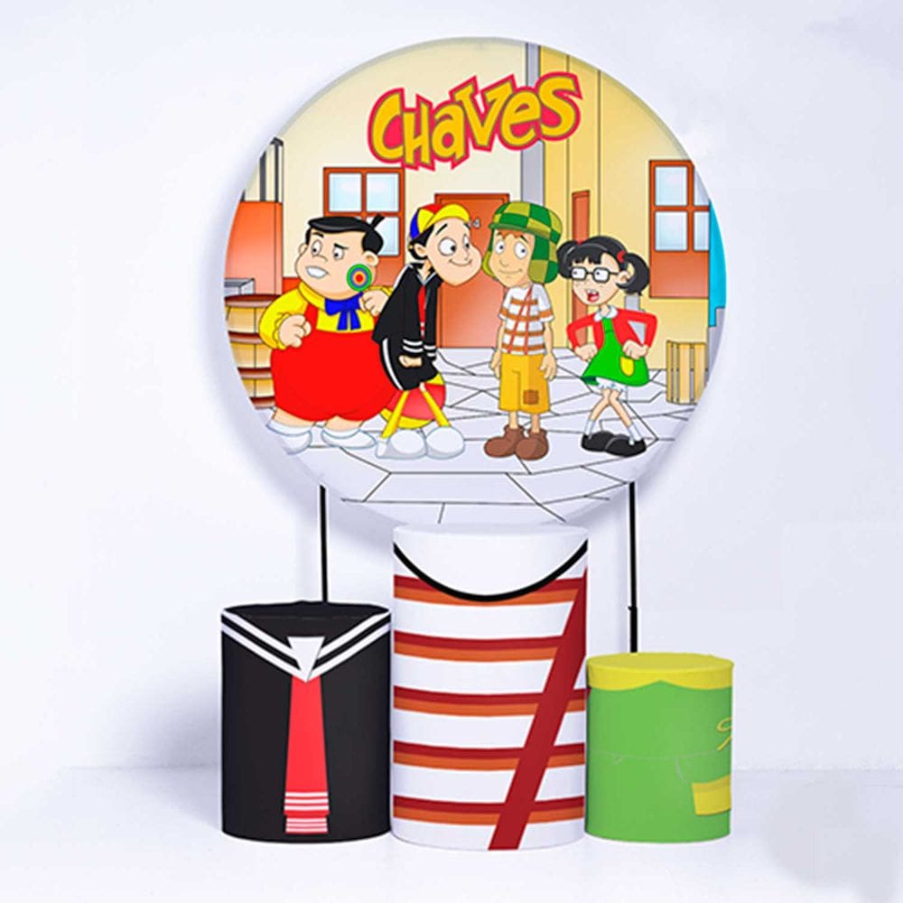 Kit Painel de Festa Redondo de 1,80m e Trio de Cilindros Chaves - Fera Print