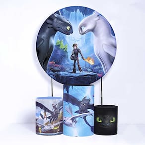 Kit Painel de Festa Redondo de 1,80m e Trio de Cilindros Como Treinar Seu Dragão - Fera Print