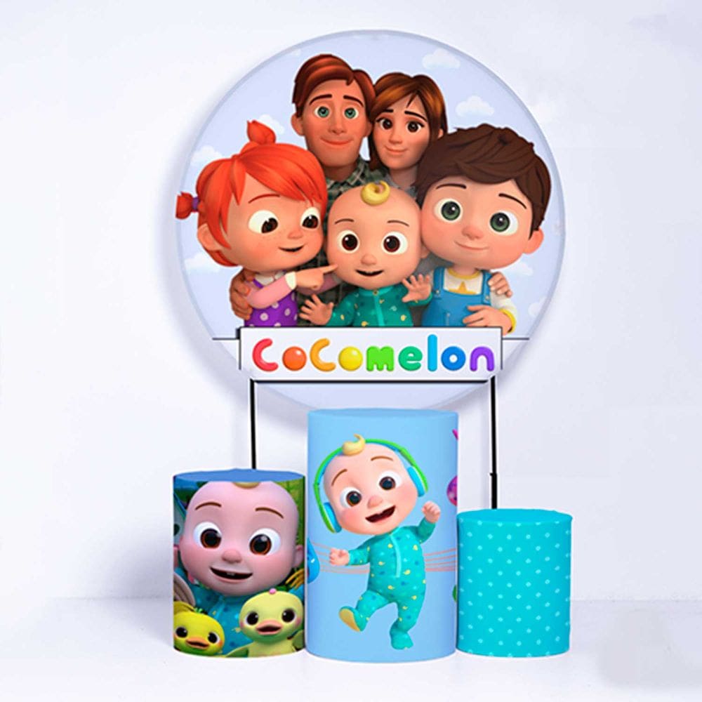 Kit Painel de Festa Redondo de 1,50m e Trio de Cilindros Cocomelon - Fera Print