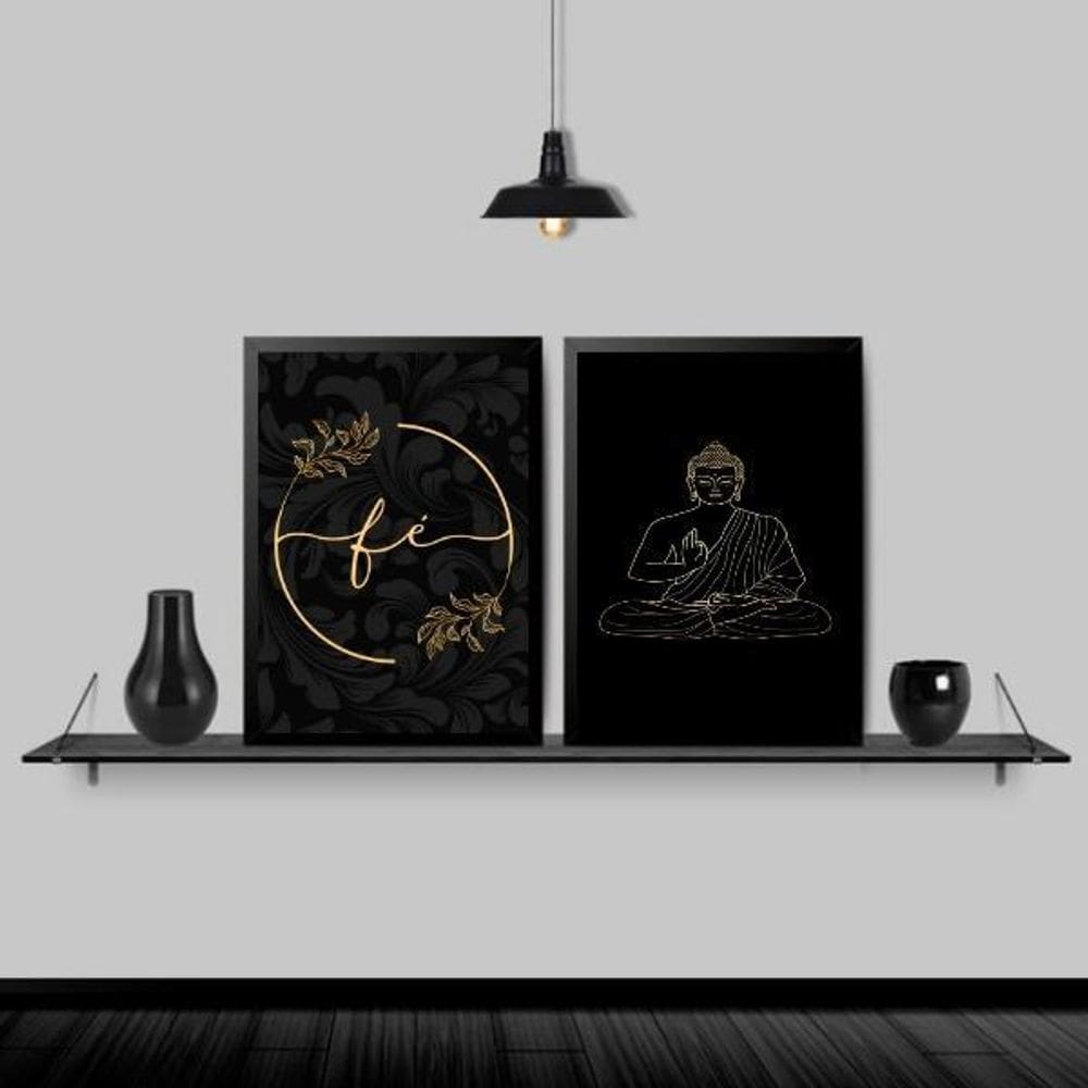 Kit 2 Quadros Buda Fé Preto Com Dourado 45X34 Moldura Preta