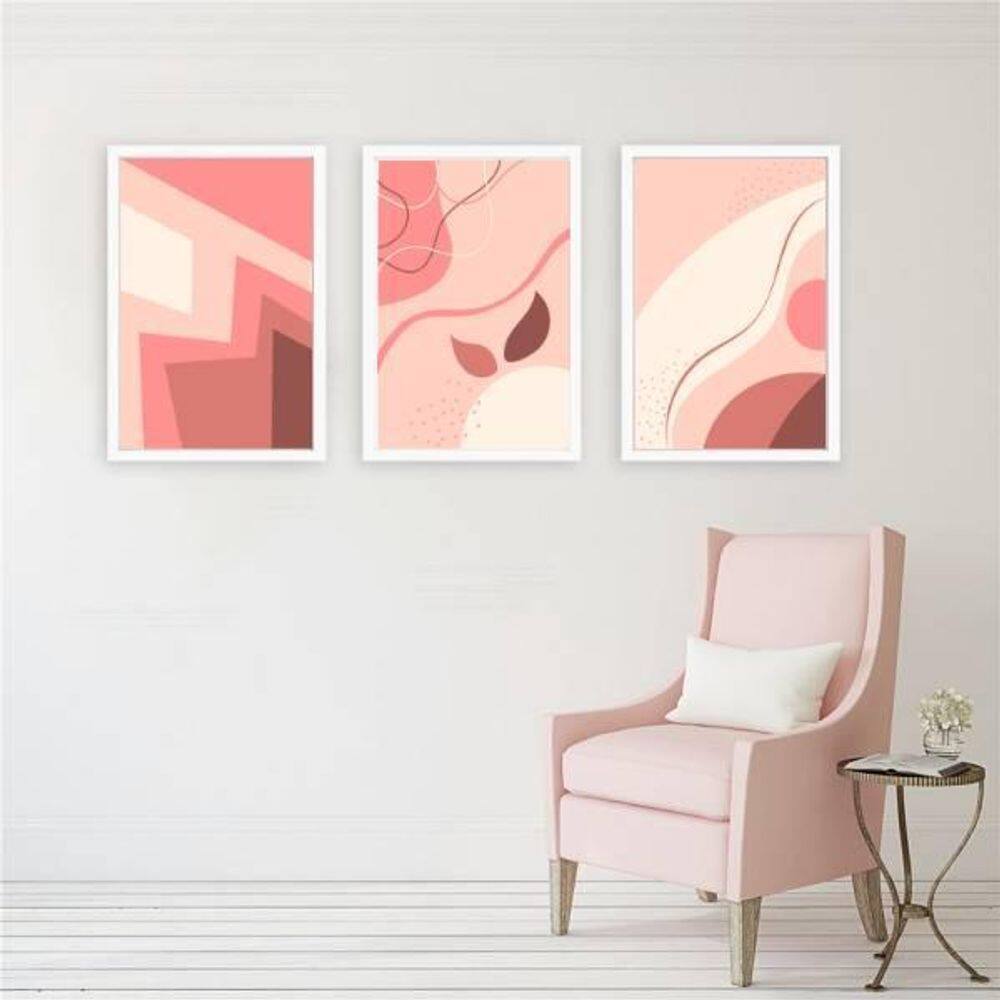 Kit 3 Quadros Abstratos Rosa 24X18Cm - Com Vidro