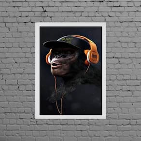 Quadro Macaco Com Headphone 45X34Cm Com Vidro Moldura Branca