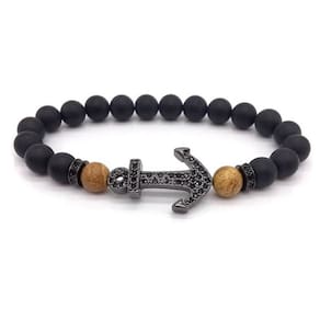 Pulseira Masculina Pedra Ágata Matte Com Âncora Preta