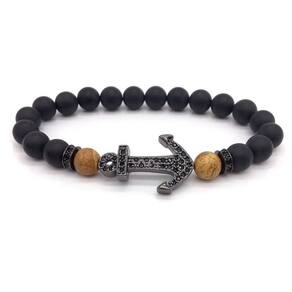 Pulseira Masculina Pedra Ágata Matte Com Âncora Preta