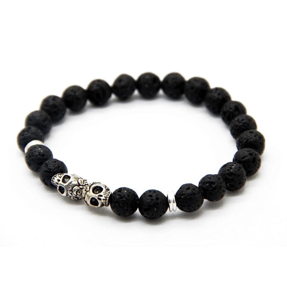 Pulseira de Pedra Lava Vulcânica Caveiras Gêmeas Prata