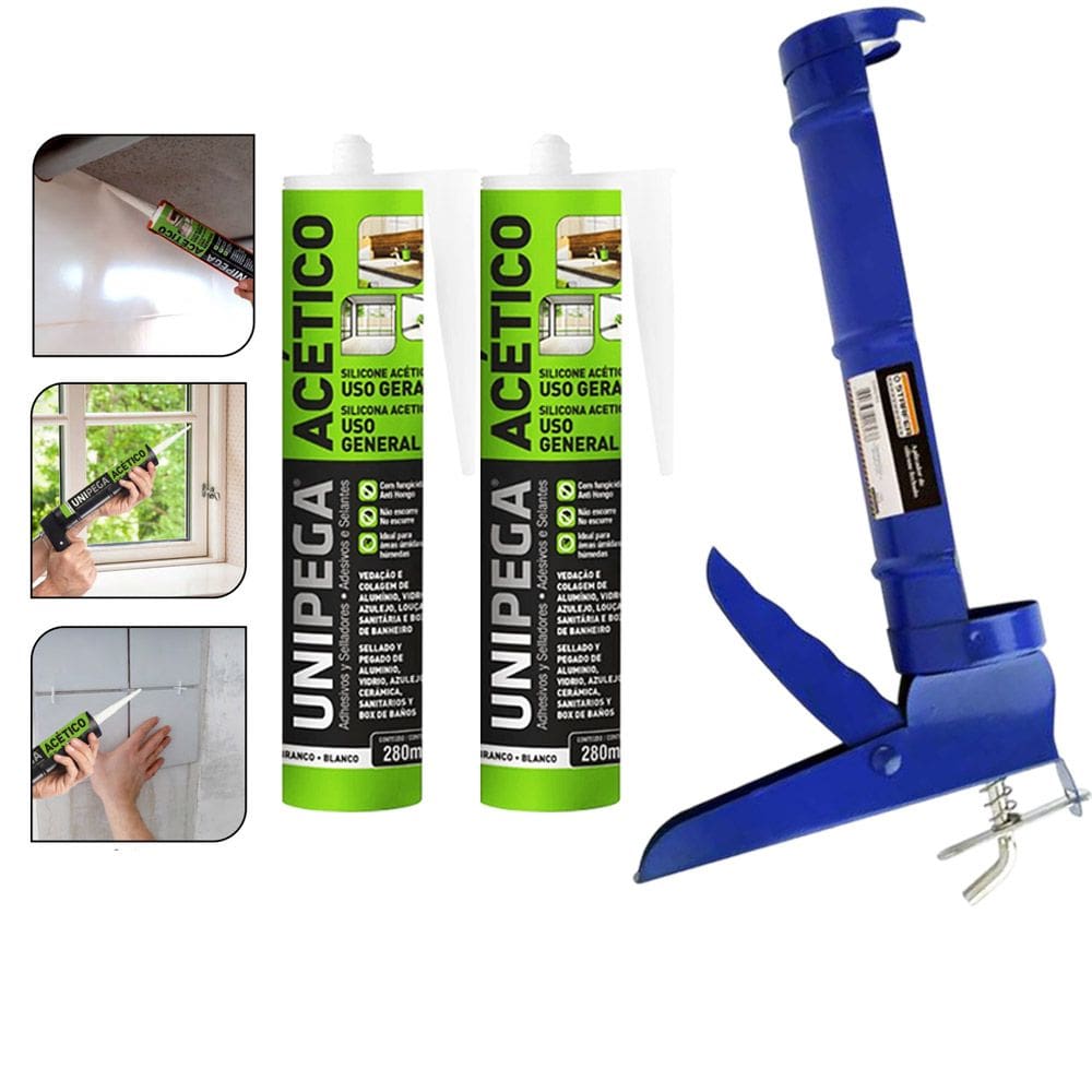 Kit Aplicador de Silicone + 2 Silicone Acético Branco 280ml Unipega Adesivo Vedação para Pia, Box e Azulejos