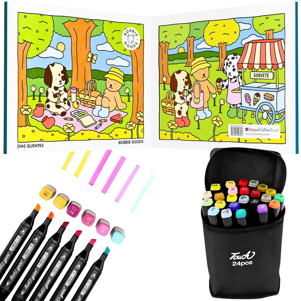 Kit Dias Quentes: Livro de Colorir + Canetas Touch 24 Cores