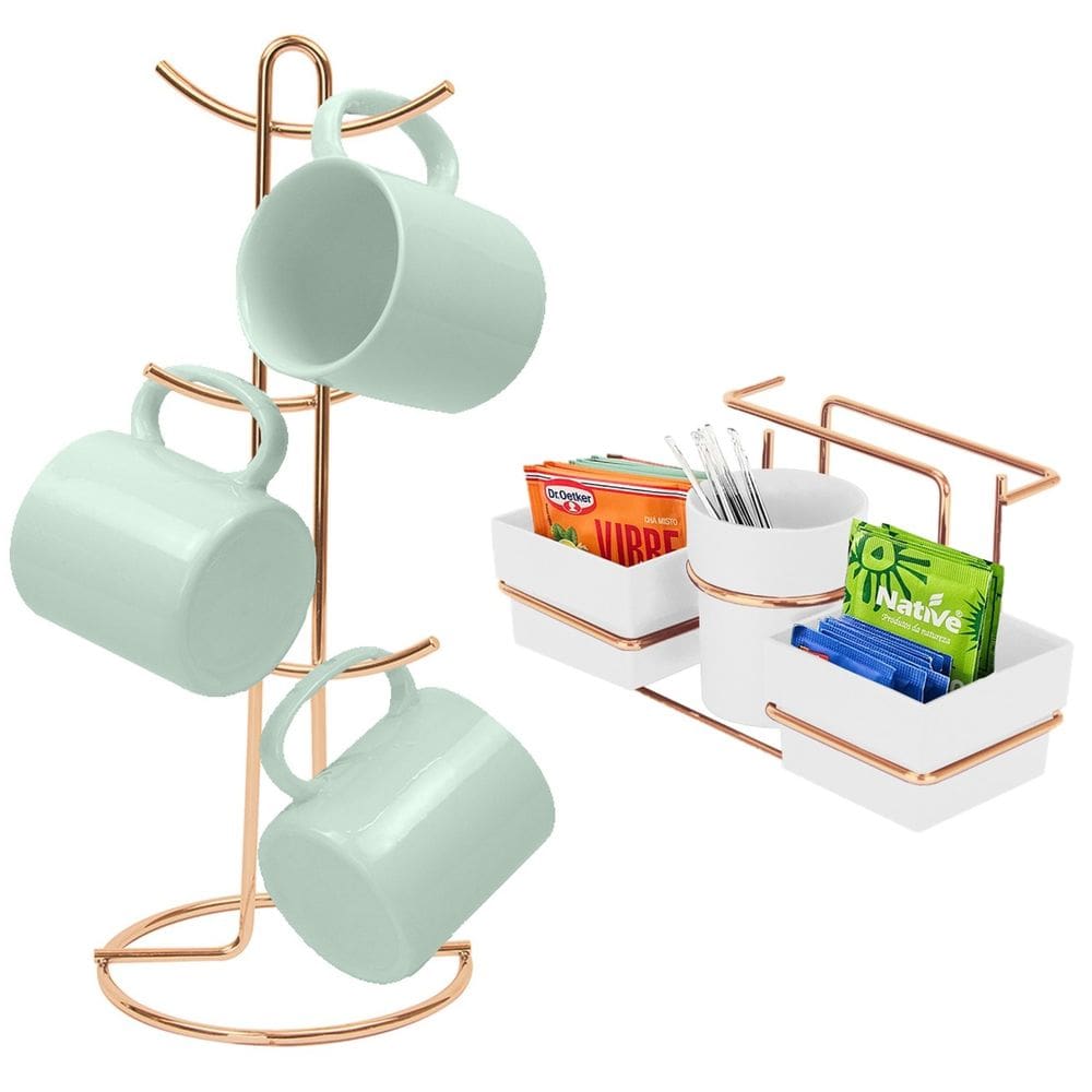 Kit Porta Sachê Suporte Organizador Porta Xícaras Café Bancada Cozinha Rose Gold - Future