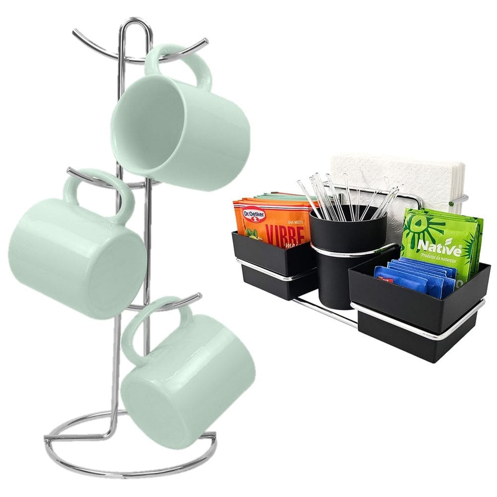 Kit Porta Sachê Suporte Organizador Porta Xícaras Café Bancada Cozinha Cromado - Future