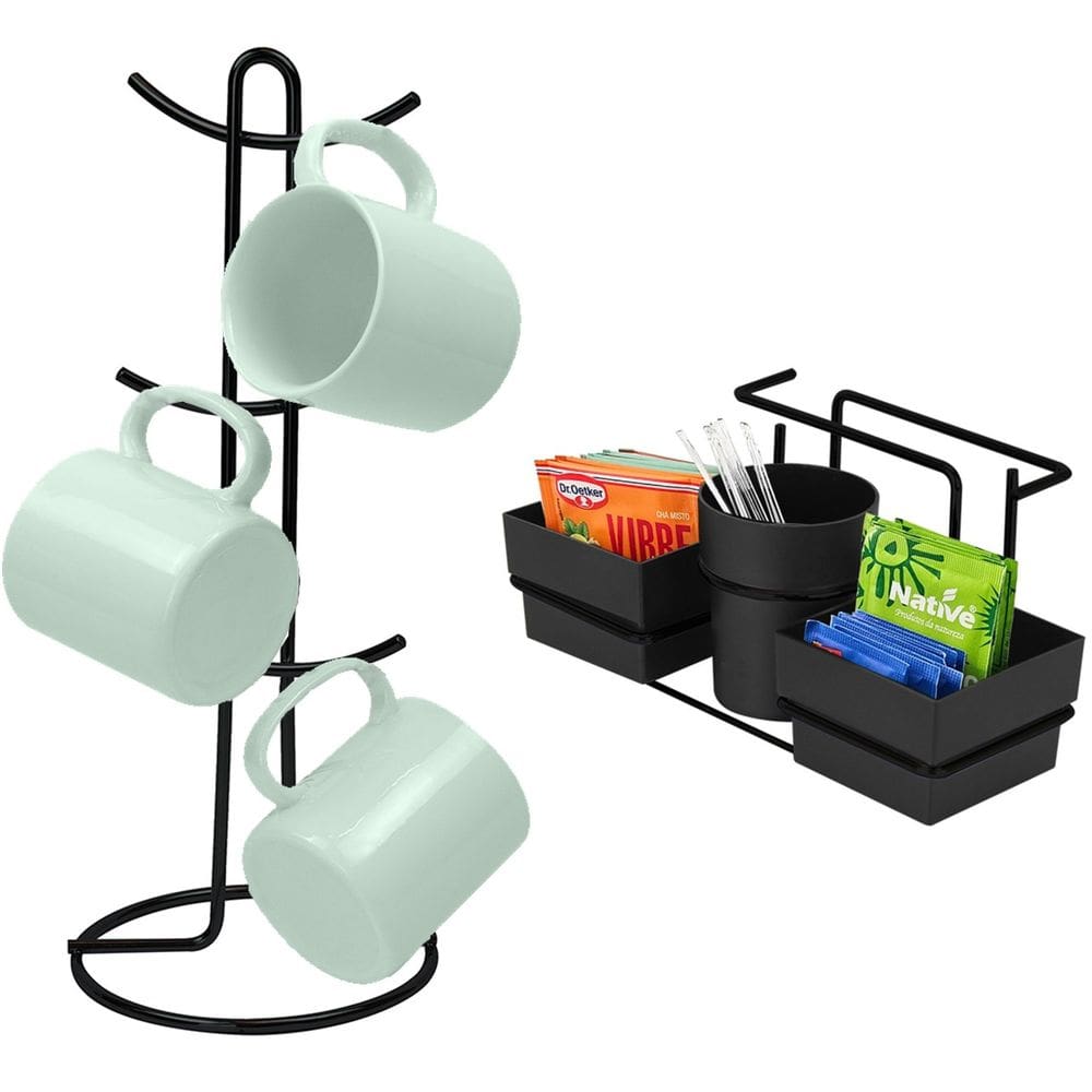 Kit Porta Sachê Suporte Organizador Porta Xícaras Café Bancada Cozinha Preto Fosco - Future